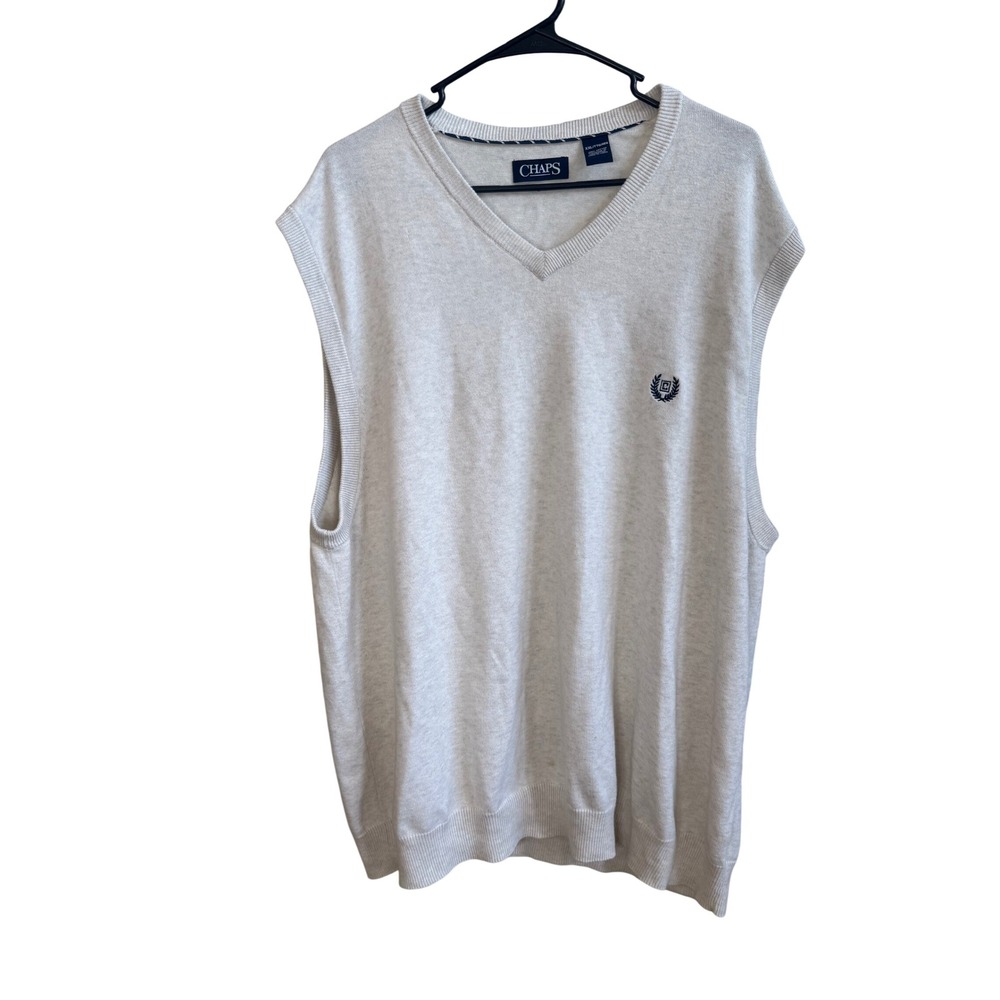 Chaps Mens XXL Oatmeal Beige 100% Cotton V-Neck Knit Sweater Vest Logo